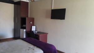 a bedroom with a bed and a tv on the wall at Korundum Lodge in Vereeniging