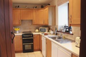 a kitchen with a sink and a stove top oven at Ystumgwern Luxury Barn Conversions in Dyffryn