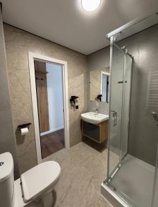 a bathroom with a toilet and a sink and a shower at Hotel Hostel Перехрестя in Chistilov +82 photos