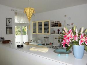 a kitchen with a vase of flowers on a counter at 2 Norit Schlosser Comfortable holiday residence in Heidenau
