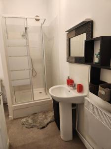 a white bathroom with a sink and a shower at Charme et piscine dans le Gard salon et deux chambres in Sommières