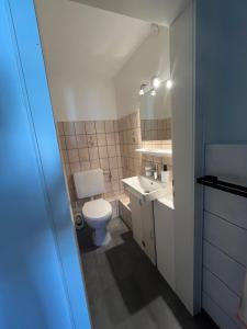 a small bathroom with a toilet and a sink at Auszeit in Lügde