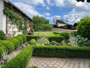 a garden with bushes and flowers next to a house at Auszeit in Lügde