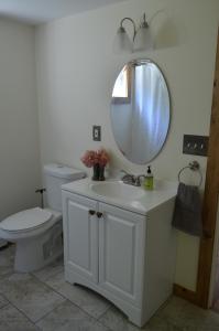 a bathroom with a toilet and a sink with a mirror at Green River Cottage in Guilford +31 photos