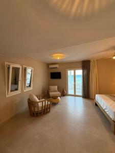a bedroom with a bed and a couch and a tv at Aside Lefkes in Dhriopís