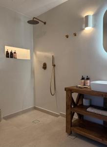 a bathroom with a sink and a shower at Aside Lefkes in Dhriopís