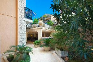 ein Haus mit einem Innenhof mit Palmen und Pflanzen in der Unterkunft Apartmani Aleks in Budva