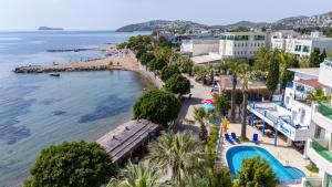 an aerial view of a beach with palm trees and buildings at MaxSea Beach Hotel in Bodrum City