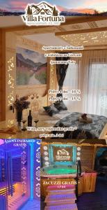 a room with a bed and a sign that reads villa torulum at Villa Fortuna - Regionalne apartamenty & SPA - Sauna, Grill, Jacuzzi z widokiem na Tatry in Zakopane