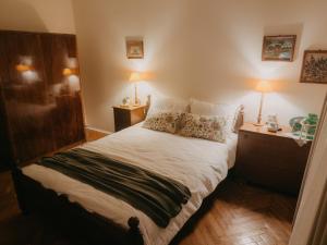 图尔达Casa RusTic的一间卧室，配有一张床、两个床头柜和两盏灯