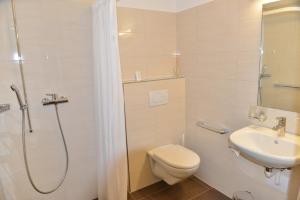 a bathroom with a shower and a toilet and a sink at Motel Mühle in Wollerau