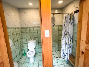 a bathroom with a toilet and a shower at Unicorn Reborn - Peaceful Rentals in San Marcos La Laguna