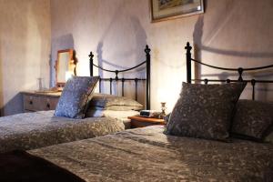 a bedroom with two beds and a mirror at Ystumgwern Luxury Barn Conversions in Dyffryn