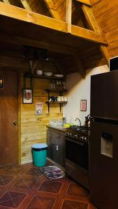 una cucina con frigorifero nero e lavandino di Cabañas Alpinas Alessandro a Recinto