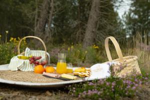 un tavolo da picnic con un cesto di frutta e succo di Casas do Freixial - Casa das Flores a Fundão Altre 6 foto