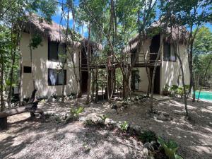 a cottage in the woods with a thatch roof at Sak lool Tulum in Tulum