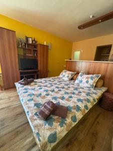 a bedroom with a large bed with a wooden headboard at Radetsky Apartment with FREE Private Parking in Haskovo