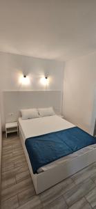 a bedroom with a white bed with a blue blanket at Casa Elizé in Schitul