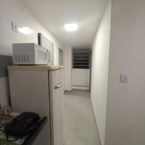 巴西利亚Apartamento 1 quarto Asa Norte prédio misto - residencial comercial - wi-Fi - 1 a 3 hospedes - sem taxas的厨房配有冰箱和微波炉