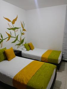 two beds in a room with a plant on the wall at Apartamentos con piscina en zona turistica in Montenegro +10 photos