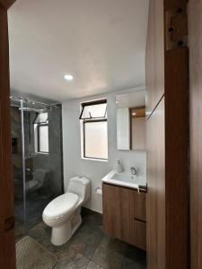 a bathroom with a toilet and a sink and a shower at Country house in Neusa in Cogua +9 photos