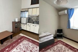 two images of a kitchen and a living room at Petit Hotel Koizumi - Vacation STAY 85672v in Lake Toya