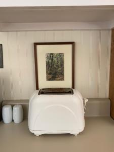 a toaster sitting in a room with a picture on the wall at Green River Cottage in Guilford