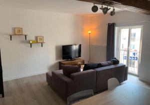 un salon avec un canapé et une télévision à écran plat dans l'établissement SPLENDIDE Appartement pour 4 in front GARE LILLE FLANDRES, à Lille