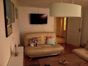 a living room with a brown couch and a television at Apartman Charna in Livno