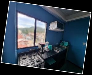 cocina azul con fogones y ventana en Bello mini Depa DxA - rentaflex com mx, en Ciudad de México