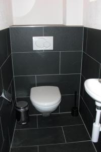 e bagno piastrellato nero con servizi igienici e lavandino. di Back-Packer Federnhut a Schaffhausen