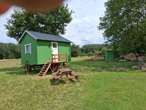 明斯特Tiny House的绿色棚子,带野餐桌和长凳
