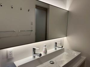 a bathroom with a sink and a large mirror at Yura-Shirabe in Karuizawa