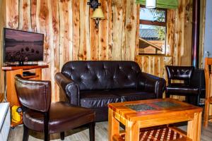 a living room with a leather couch and a table at Complejo Buenavista Pucon in Pucón