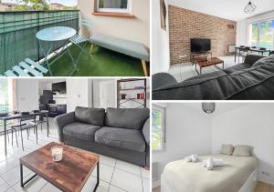 a collage of pictures of a living room and a kitchen at Appartement Aux Portes de Toulouse in Plaisance-du-Touch