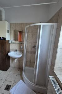 a bathroom with a shower and a sink at Rábagyarmati Apartman in Rábagyarmat +8 photos