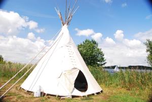 a white teepee tent in a field with a boat at CampSpirit in Biddinghuizen