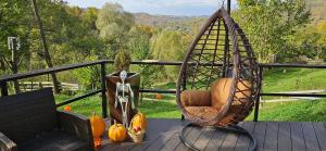 a swing on a deck with pumpkins on a porch at Forest House Doftana in Teşila