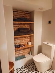 a bathroom with a toilet and a brick wall at El Apartamento de Hervás in Hervás +12 photos