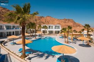 a resort with a pool with umbrellas and palm trees at Ecotel Dahab Bay View Resort in Dahab