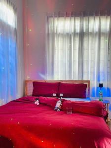 Champagne Homestay في هوى: غرفة نوم بسرير احمر مع بطانية حمراء