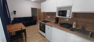 a kitchen with a sink and a counter top at Boglár-Coop Üdülő in Balatonboglár +16 photos