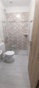 a bathroom with a toilet and a glass shower at Boglár-Coop Üdülő in Balatonboglár