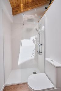 a white bathroom with a shower and a toilet at As casiñas da Figueira by Serendipia Turismo in Pobra do Caramiñal +34 photos