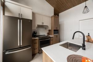 eine Küche mit einem Kühlschrank aus Edelstahl und einer Spüle in der Unterkunft Ski Condo & Spa - L'Elegance Des Sommets in Adstock