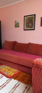a couch in a living room with pink walls at Smeštaj Nikolić in Arilje +3 photos