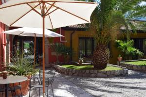 um pátio com um guarda-sol, mesas e palmeiras em Residence Segattini em Riva del Garda