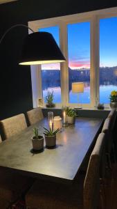 a dining room table with plants and a lamp at Bolig i sjøkanten in Arendal