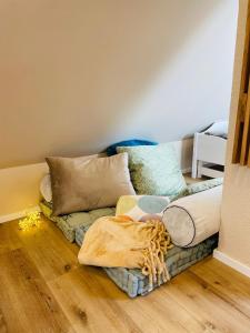 プレローにあるPrerower Ferienwohnungのソファ(枕付)が備わる客室です。