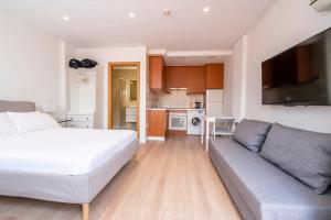a bedroom with a bed and a couch and a kitchen at Apartamentos Noviembre in Madrid +167 photos